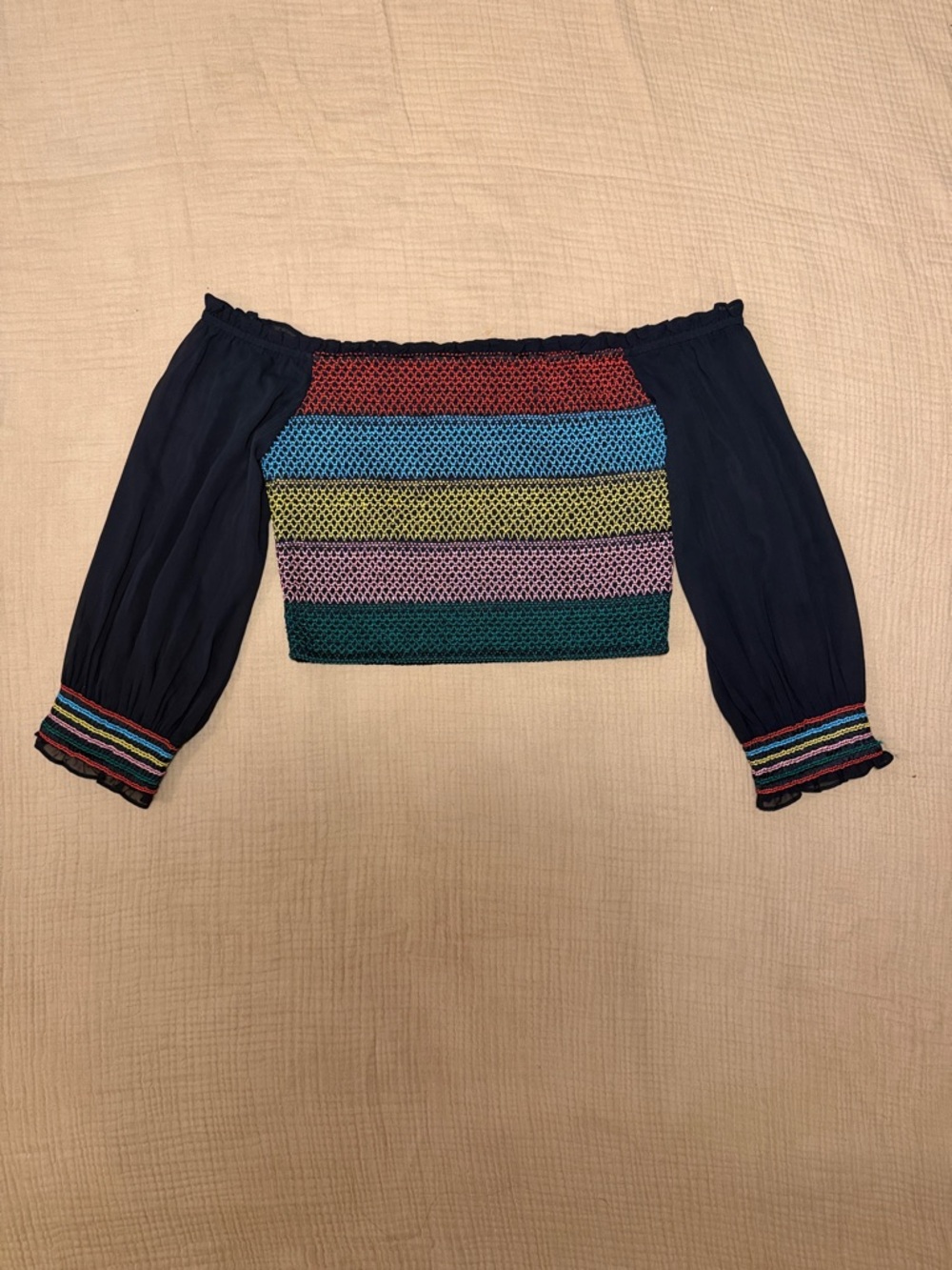Alice + Olivia Avita Bardot Rainbow Embroidered Off-Shoulder Black Crop Top